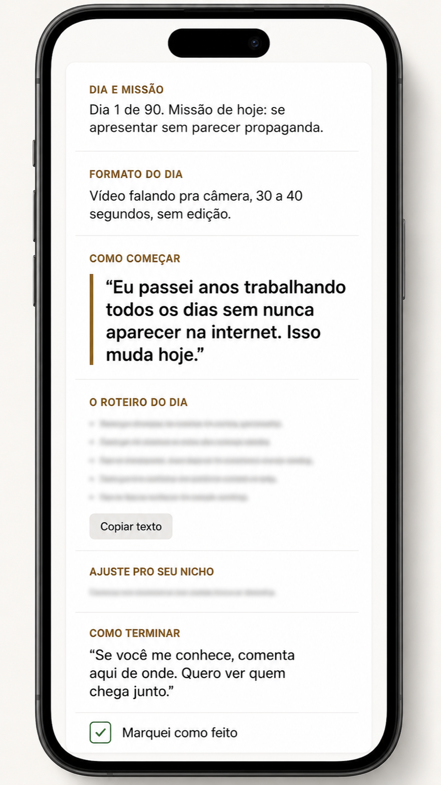 O Dia 1 de 90 aberto, com missão, primeira frase, texto do dia e ajuste por área